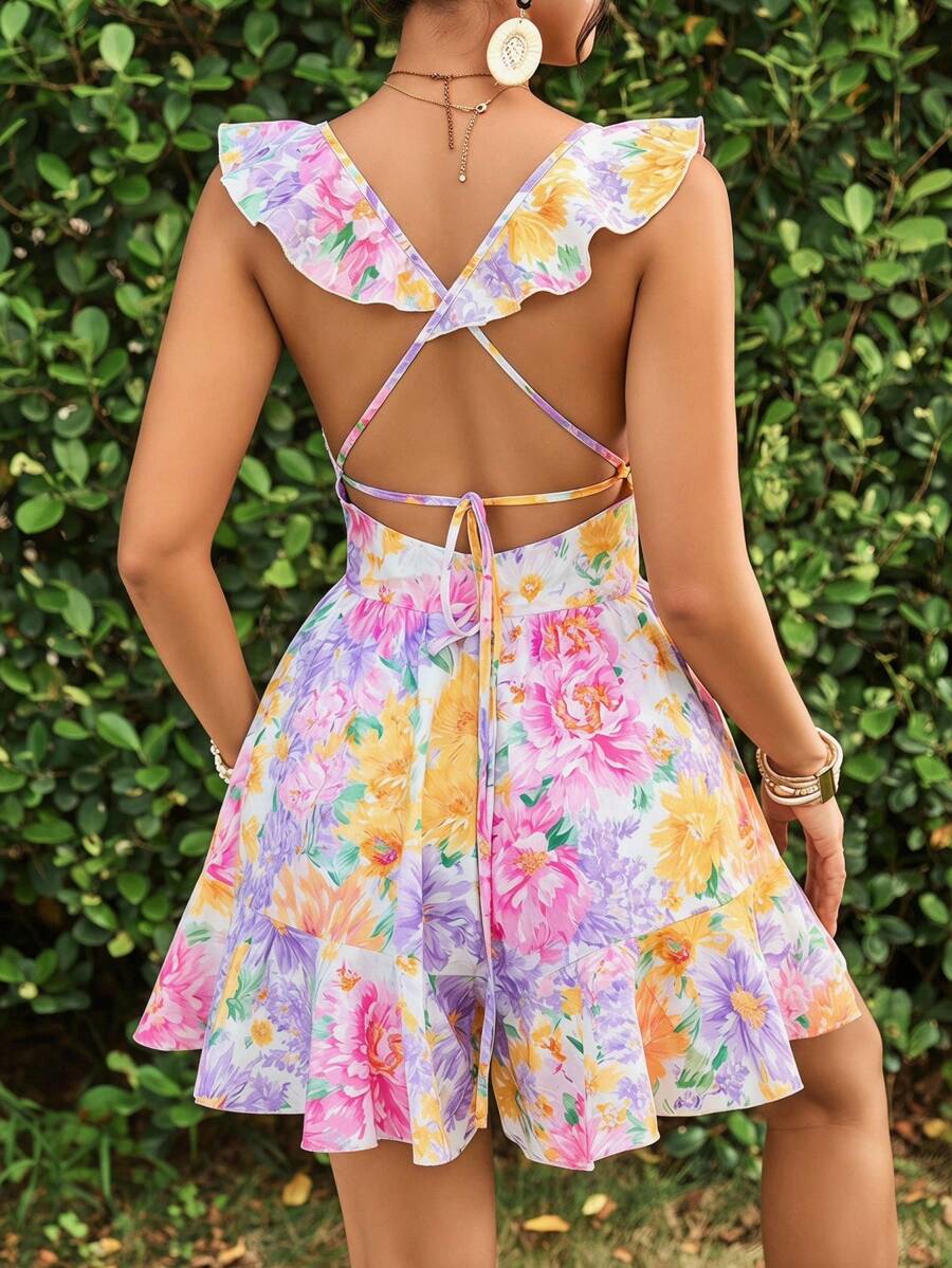 KARISMINA Bộ jumpsuit hở lưng cổ chữ V khoét sâu dành cho nữ, thích hợp cho kỳ nghỉ. - Hồng - Xem 1
