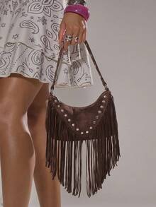 MUSERA Studded Fringed Tassle Faux Leather Handbag For Going Out Daily Spring Holiday Accessory,Rivets, Retro, Vintage, Bohemian Style, Fashionable, Personalized, Simple, Versatile, Street, For Daily, Music Festival - Coffee - View 2