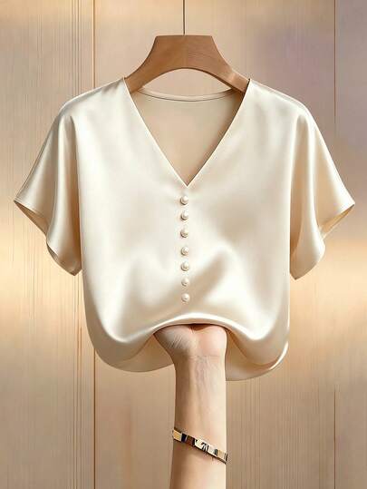 Rafferiza Blusa de Cetim Champanhe com Botões de Pérola e Decote em V, Manga Raglan, Versátil e na Moda, Adequada para Uso Diário, Primavera/Verão