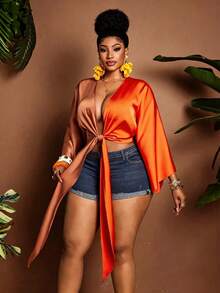 Maweii Blusa holgada de verano con bloqueo de color y cordones para mujer de talla grande, ideal para uso diario y vacaciones - Multicolor - Ver 5