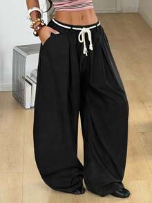 Coolane Women's Summer Streetwear Back To School Preppy Vintage Chic Business Casual Office Wear Comfortable Black Baggy Wide Leg Curved Hem Pants - Black - View 4