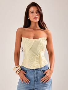 Top corto de mujer de color amarillo albaricoque con textura, estilo corset, top tubo sin mangas, para usar en primavera/verano - Albaricoque - Ver 4