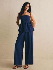 Poéselle Women's Solid Color Tank Top And Elastic Waist Jeans Set, Dark Blue Two-Piece Set Casual Sets For Women  Y2K - Medium Wash - View 7