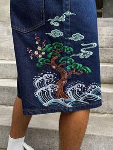 GALLERY FADE Celana Pendek Denim Biru Bordir Longgar Kasual Pria, untuk Liburan - Dark Wash - View 5