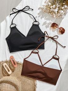 SHEIN 女款夏季海灘度假純色掛脖比基尼上衣兩件套 - 彩色 - 查看 2