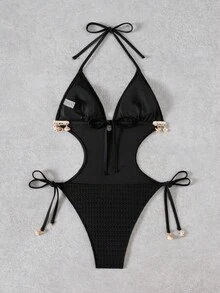 Swim Vcay Women's Solid Color Wavy Pattern Spaghetti Strap Backless Seashell Chain Decor One-Piece Swimsuit - Black - View 2
