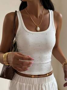 DAZY Women's Rhinestone Decor Fitted Basic Sports Camisole - White - View 4