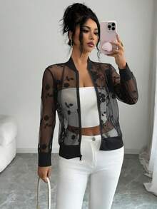 SHEIN Elenzya Áo khoác nữ cổ đứng thêu lưới, chất liệu nhẹ. - màu đen - Xem 7