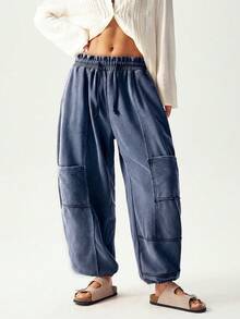 Bohemela Women's Casual Solid Color Knit Loose Drawstring Sweatpants - Royal Blue - View 4