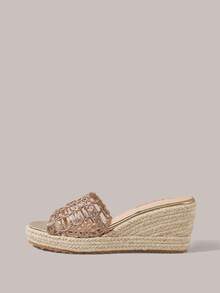 Styleloop Giày nữ, màu vàng đồng, giày dệt từ dây gai dầu và rơm, sandal đế xuồng, giày giúp tăng chiều cao, phong cách bohemian cho kỳ nghỉ. - Vàng - Xem 11