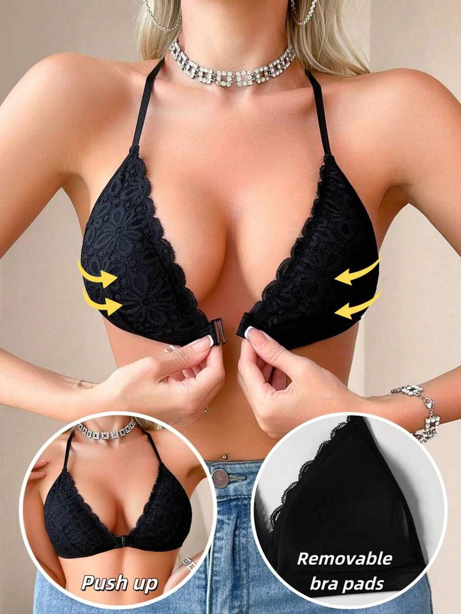 Áo ngực ren gợi cảm tối giản màu trơn cho nữ - màu đen - Xem 1