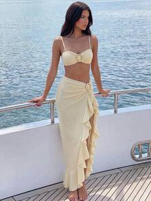 Swim Oasis 26SS Spring/Summer Women's 3 PiecesSwimsuit Set, Strapless Hollow-Out Textured Fabric - Beige - View 1