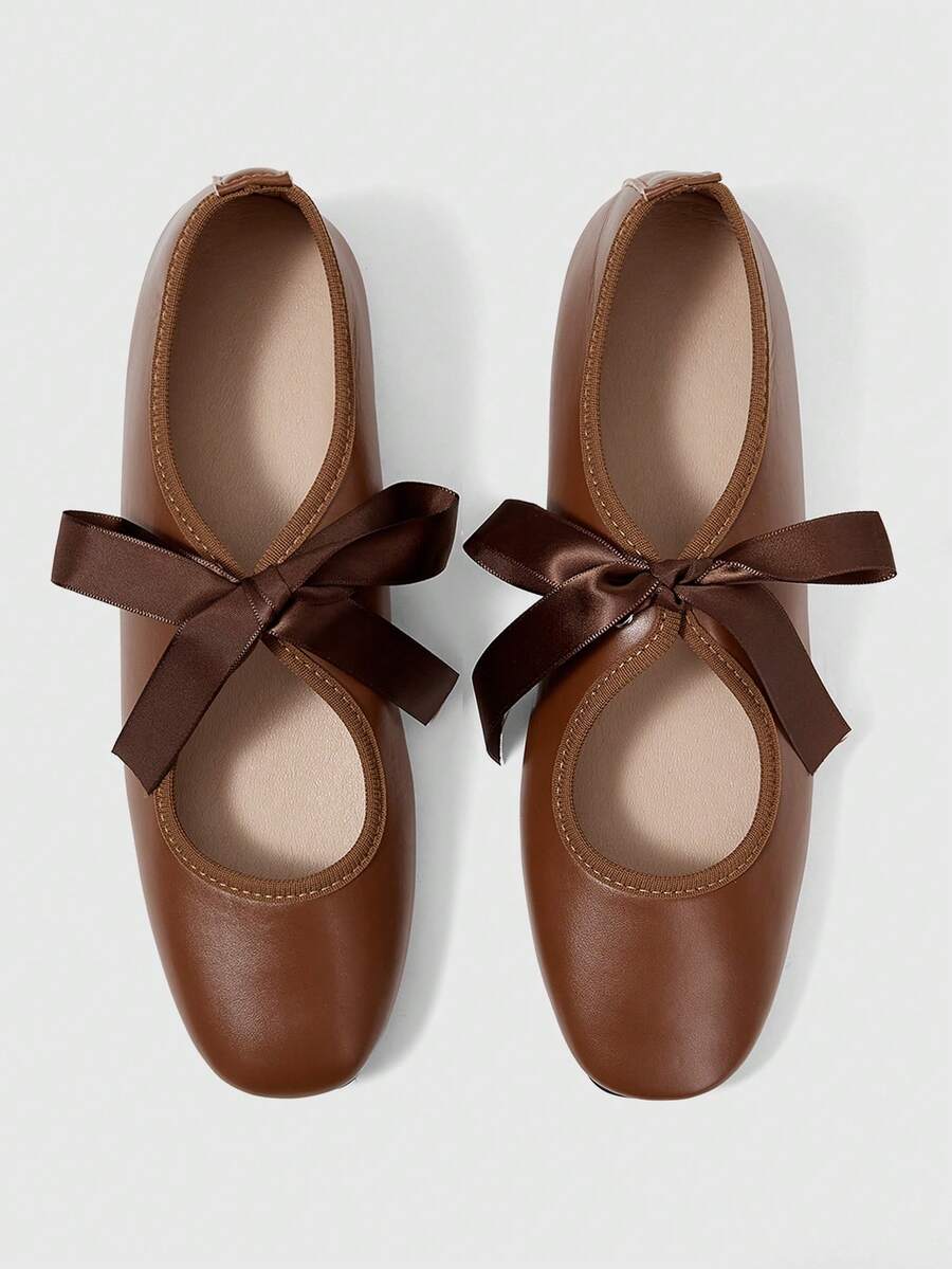 ROMWE Kawaii Bailarinas Mary Jane marrones, punta redonda cerrada, zapatos de ballet Lolita con lazo, para mujer - Marrón + correa - Ver 1