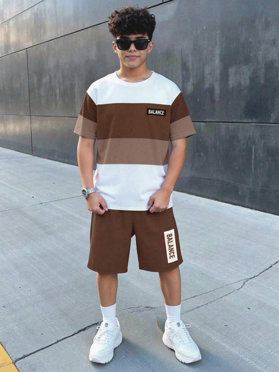 Setelan Kaos Lengan Pendek Kerah Bulat dan Celana Pendek Minimalis Kasual untuk Remaja Laki-laki, Cocok untuk Musim Panas - MultiWarna - View 1