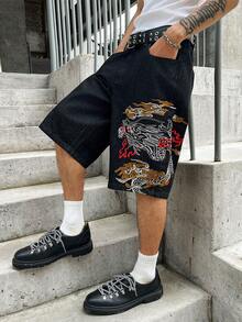 GALLERY FADE Men's Casual Street Style Embroidered Black Denim Shorts - Black - View 6