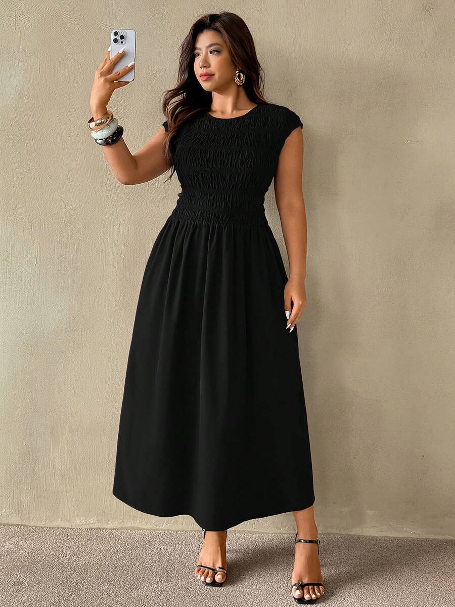 Auralis Plus Size Women Summer Casual Vacation Minimalist Solid Color Shirred Bodice Cinching Waist Dress
