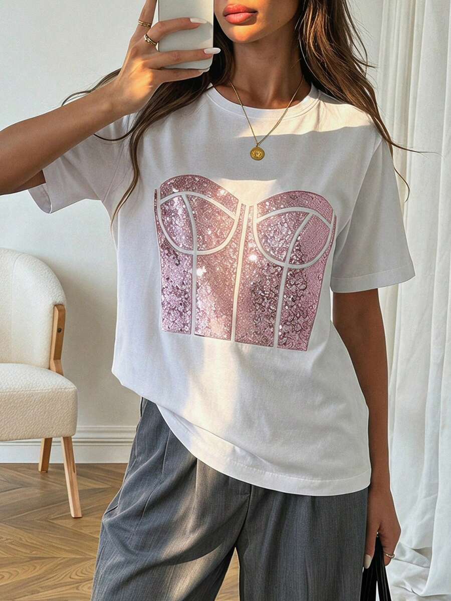 EURMUSE Damen Premium Weiß Baumwolle T-Shirt mit glitzerndem rosa Pailletten Bustier Detail, strukturierter Korsage-Stil Näharbeit und täglich glamouröse Oversized Silhouette, limitierte Kollektion - Weiss - Übersicht 1