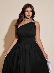 Viva Relle Vestido elegante de talla grande con hombro asimétrico, decoración de strass, fruncido y abertura alta - Negro - Ver 6