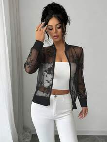 SHEIN Elenzya Áo khoác nữ cổ đứng thêu lưới, chất liệu nhẹ. - màu đen - Xem 5