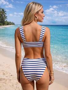 Sylviya Women's New Striped Print Wide Strap U-Neck Bikini Set, Crop Top And High Waist Bikini Bottoms, Sexy Summer Swimwear 2-Piece - Blue - View 2