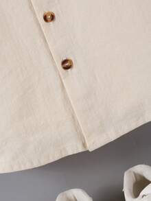 Souflis Souflis Young Boys Short Sleeve Cotton Button Down Shirt, Mandarin Collar Roll Cuff Casual Linen Look Top For Kids Casual Summer Blouse Summer Top - Khaki - View 5