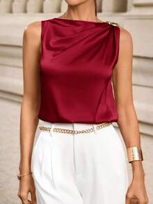 Editum Women's Regular Pleated Satin Sleeveless Blouse,Summer Top - Burgundy - View 4