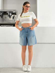SHEIN Vintage Sexy White Panelled,Low Rise Wide Leg Denim Bermuda Shorts Swimming Summer - Light Wash - View 8