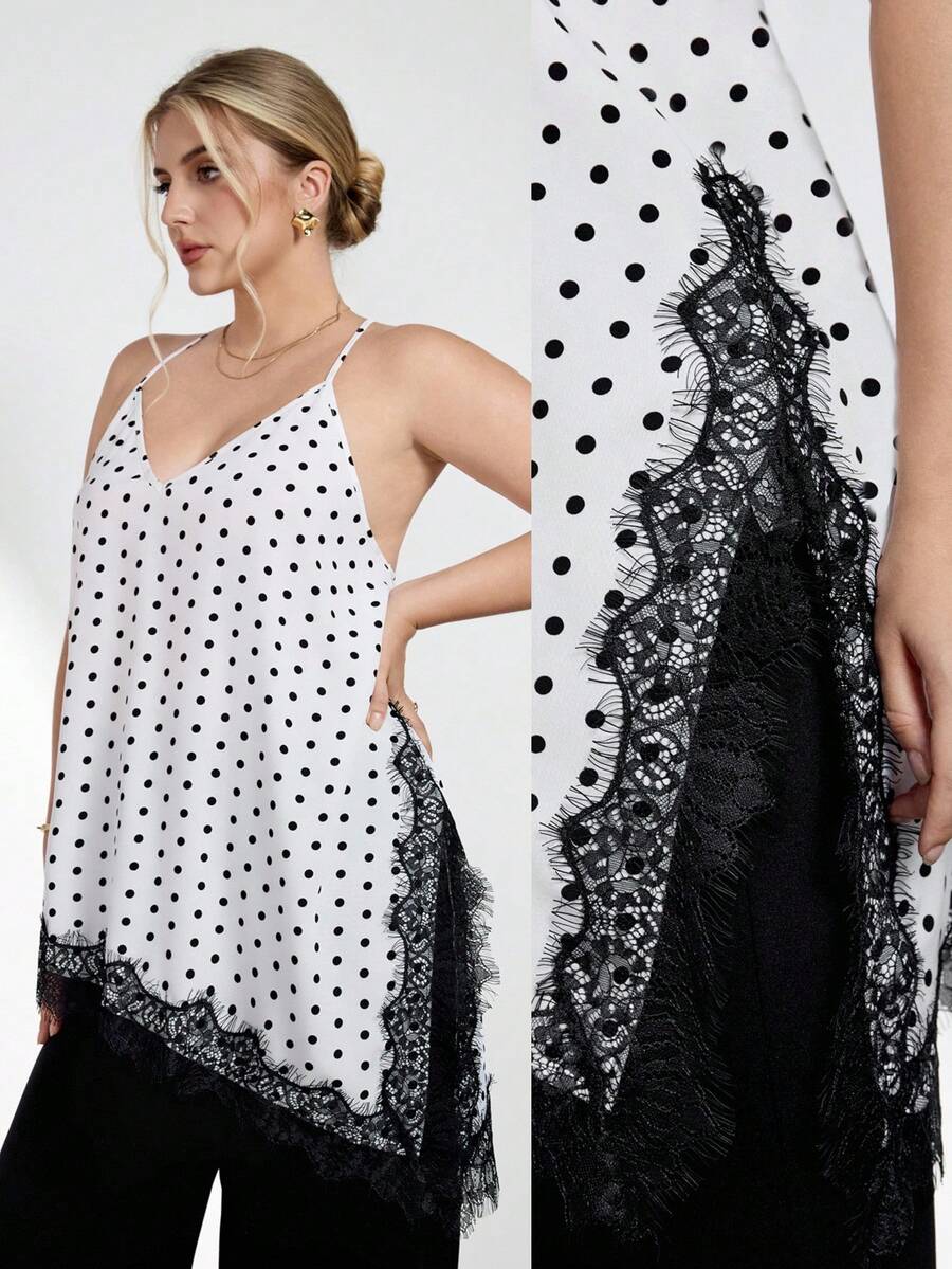 Chikora Plus Size Elegant Lace White Patchwork Tea Party Camisole,Women's Summer Curve Cocktail Tops, Outfits,Office Work Wear Blouses