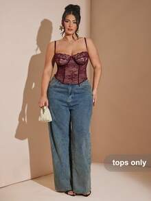 SHEIN BAE 大码女式蕾丝拼接性感百搭约会之夜吊带背心 - 酒紅色 - 查看 5