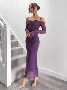 SHEIN Đầm nữ thanh lịch in họa tiết lưới vai trễ không tay - Màu tím - Xem 3
