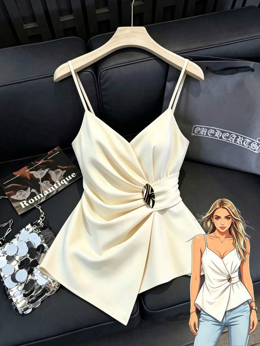 Franclia Blusa feminina de verão com decote em V, alças finas, barra irregular, fivela metálica decorativa na cintura para modelar a silhueta, branca, ideal para o verão, perfeita para festas, praia, casamentos e outras ocasiões especiais. Blusa elegante e sofisticada, blusa formal, blusa casual, blusa para formatura, roupa de resort, blusa para atividades ao ar livre, look casual moderno para o trabalho, roupa para o escritório, versátil e estilosa para o dia a dia, perfeita para professoras e profissionais. - Damasco - Ver 1
