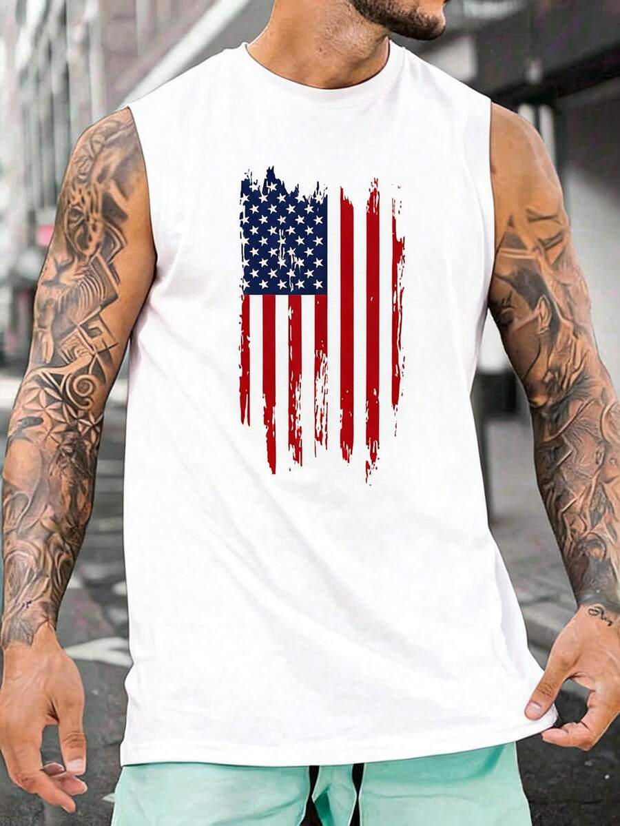 Torvinic Áo tank top cổ tròn màu trắng in hình cờ Mỹ phong cách bụi bặm - trắng - Xem 1