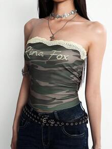 Rina Fox 女士迷彩字母印花蕾丝拼接露脐吊带背心，性感夜店装 - 綠色 - 查看 7