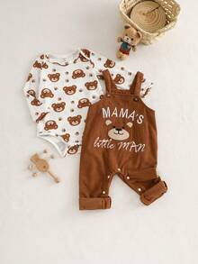 SHEIN Playful Pals 2件組男嬰長袖連身衣與圍兜褲套裝，熊與字母刺繡，棕色，秋季可愛端莊家庭款 Mamas Little Man 連身褲 - 棕色 - 查看 10