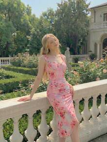 MOD Vestido con estampado floral, plisado, dobladillo asimétrico y abertura, vestidos en tonos pastel para mujer - Rosa - Ver 10