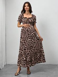 Momance Đầm maxi ngắn tay cổ vuông thắt nơ họa tiết da báo cho bà bầu - Nhiều màu - Xem 3