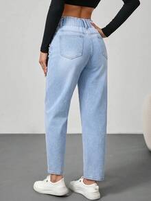 SHEIN Tall Quần jeans ống đứng cạp cao co giãn dành cho nữ dáng cao, thoải mái thường ngày và phù hợp mặc hàng ngày. - Màu xanh lam - Xem 3