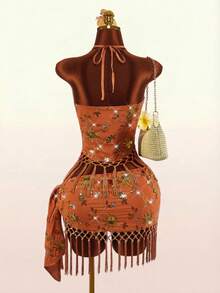 Amplova Women's Retro Sexy Avant-Garde Beaded Embroidered Floral Tassel Hem Cute Mini Skirt, Suitable For Vacation - Orange - View 11