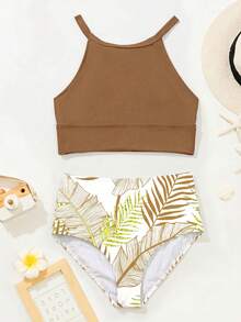 SHEIN Swim 女士夏季度假沙滩树叶印花吊带泳衣套装 - 咖啡棕 - 查看 4