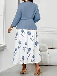 SHEIN Lady Đầm công sở màu tím và trắng thanh lịch, kín đáo, cỡ lớn, cổ tròn, kiểu dáng sang trọng dành cho nữ. - Xanh và trắng - Xem 2