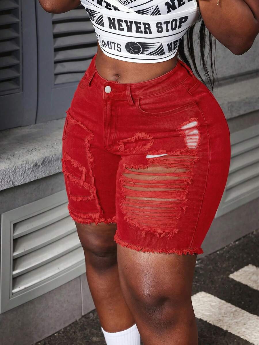 Slaydiva Celana Pendek Denim Skinny Wanita Modis dan Seksi dengan Detail Sobek dan Jumbai di Bagian Bawah, untuk Musim Panas - Merah - View 1