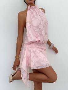 Aloruh Women's Elegant Sexy Tropical Tie-Up Halter Backless Fitted Lace Mini Dress Party Vacation Date Night Out Birthday Pink Floral Summer - Pink - View 4