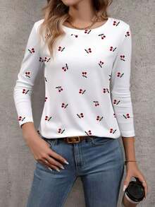 EMERY ROSE Große Größen Langarm T-Shirt, Kirschblüten Muster Design, lässig vielseitig für den täglichen Gebrauch, Herbst - Verschiedenfarbig - Übersicht 1