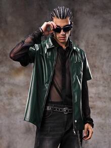 Skyrend Men's Loose Fit PU Leather Front Zip Short Sleeve Shirt, Streetwear Inspiredemo Grunge - Olive Green - View 1