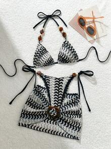Swim Vcay Women's New Textured Fabric Sexy Tropical Beaded Bikini Set, Beach Vacation/Pool Vacation Outfit For Summer Black - Black and White - View 5