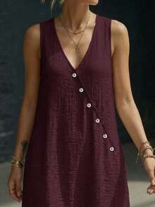 Weeklong Plus Size Women's Deep V-Neck Slanted Button Decor A-Line Casual Vacation Dress, Spring/Summer - Maroon - View 6