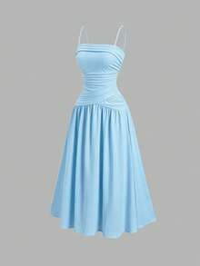 Sweetra Women's Elegant Ruffle Strap Sleeveless Long Dress,Light Blue,Summer,Elegant,Brunch,Fitted Silhouette,Daily Commute,Summer Party Dress - Blue - View 1