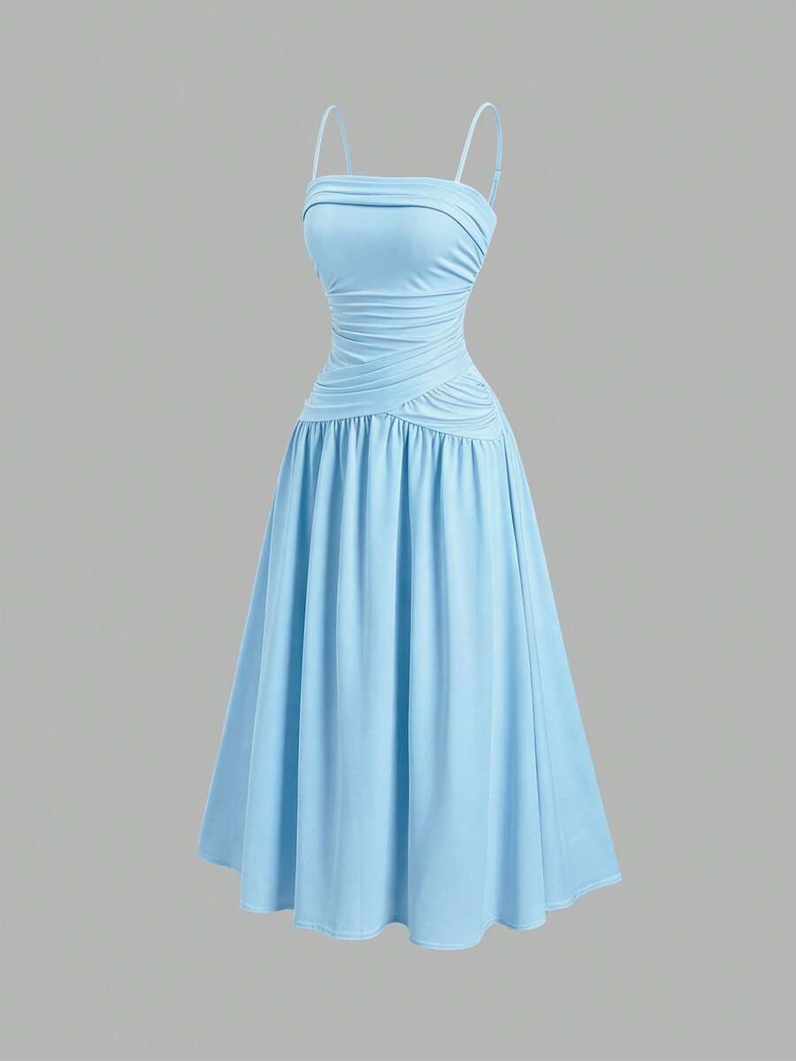 Sweetra Women's Elegant Ruffle Strap Sleeveless Long Dress,Light Blue,Summer,Elegant,Brunch,Fitted Silhouette,Daily Commute,Summer Party Dress - Blue - View 1