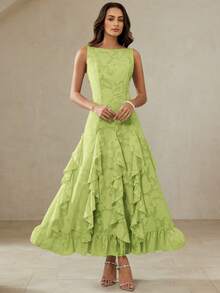 BELROSIE French Luxury Elegant Women's Green Summer Wedding Guest Dress,Laser Cut Fabric One-Shoulder Cinched Waist Vertical Splice Ruffle Hem Fitted Dress - Green - View 1