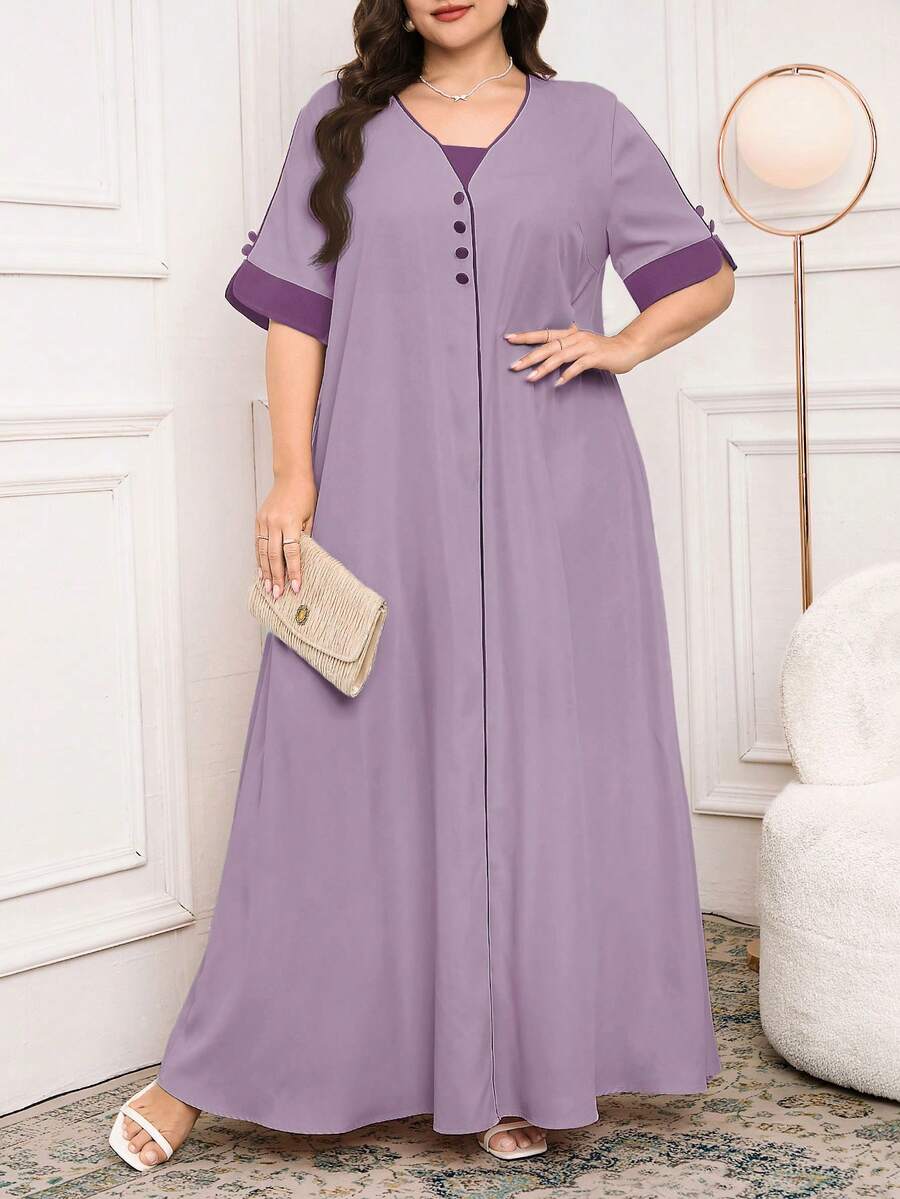 Al Najma Plus Size Women V-Neck Contrast Color Elegant Arabic Style Dress - Purple - View 1